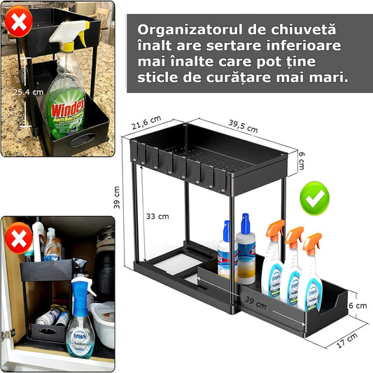 Organizator multifunctional pentru baie pe 2 niveluri, recipient de depozitare glisant sub chiuveta, in bucatarie si in baie, carlige , 39.5 x 22x 39, negru