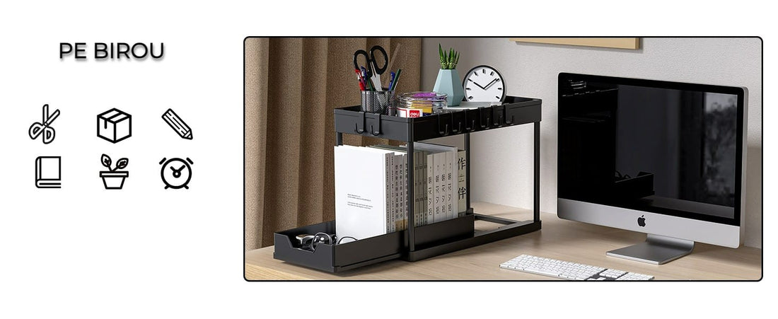 Organizator multifunctional pentru baie pe 2 niveluri, recipient de depozitare glisant sub chiuveta, in bucatarie si in baie, carlige , 39.5 x 22x 39, negru