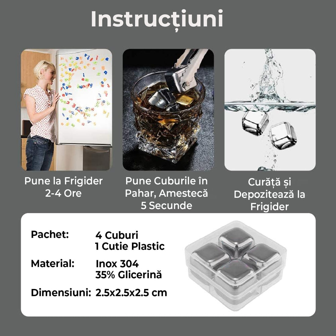 Set 4 cuburi gheață inox alimentar, reutilizabile, non-toxic, 2.5x2.5 cm, argintiu