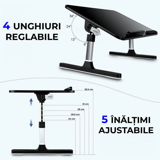 Masa pliabila pentru Laptop, Multifunctionala, Ajustabila, 5 Trepte Inaltime, 4 Unghiuri de reglare, Portabila pentru mancat, citit, jocuri, 55 x 54 cm, Negru