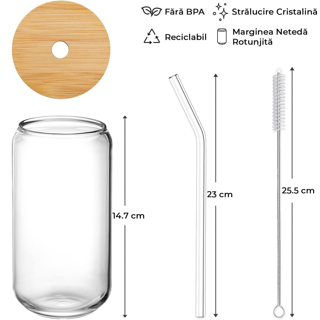 Set 4 Pahare din Sticla cu Capac din Bambus si Pai din Sticla - 480ml - Forma de Doza - Ideale pentru Cocktailuri, Bere, Cafea, Ceai, 2 Perii de Curatat Incluse, Transparente