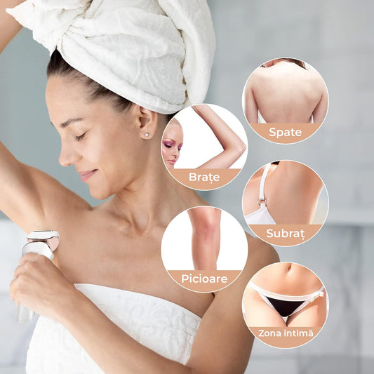 Epilator umed/uscat, 3 lame detașabile, USB, stație de încărcare, alb/auriu