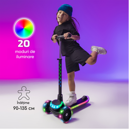Trotinetă copii 3 roți, 20 lumini LED, înălțime reglabilă, negru