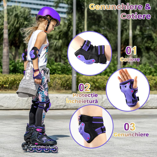 Set de Protecție Genunchiere, Cotiere, Aparatori Incheieturi, Reglabil, Pentru Copii, Potrivit Pentru Ciclism, Role, Trotineta, SkateBoard, Marimea S, Culoare Mov
