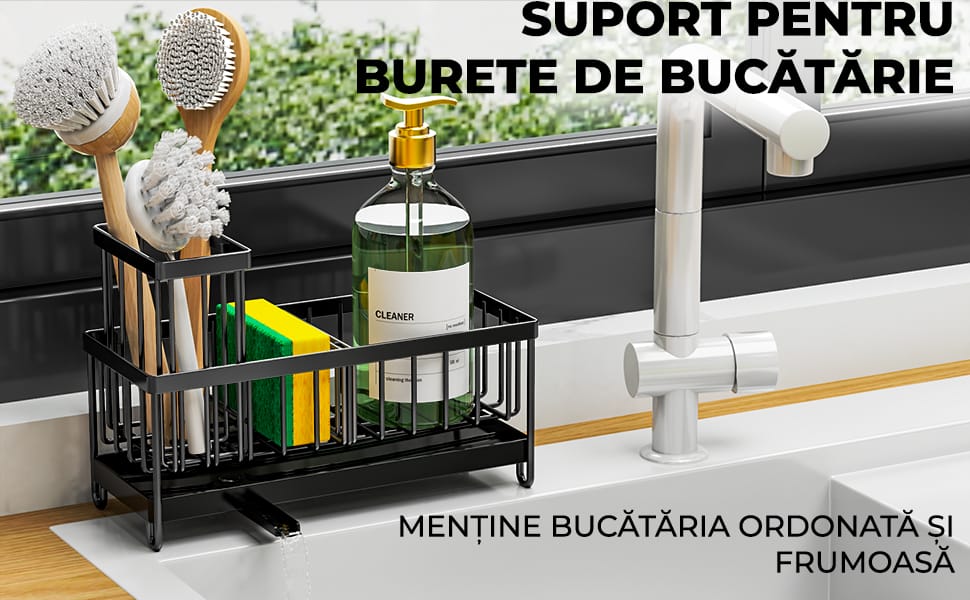 Suport burete multifuncțional, organizator chiuvetă, oțel inoxidabil, negru
