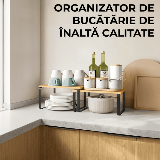 Set 2 rafturi extensibile, multifuncționale, bambus/otel, negru