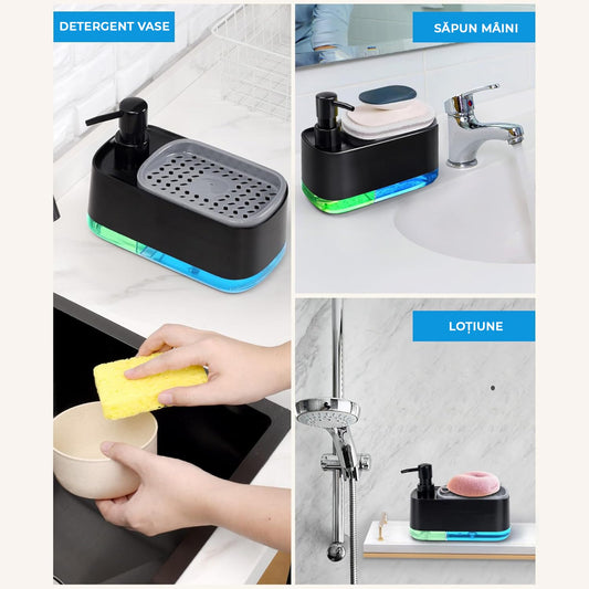 Dispenser 3 în 1 detergent lichid, suport burete, rezervor 385 ml, negru