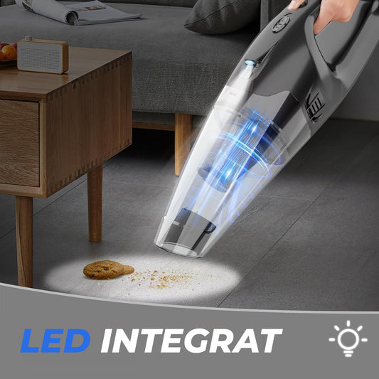 Aspirator auto wireless portabil, 120W, 2000 mAh, negru, cu accesorii pentru spații greu accesibile