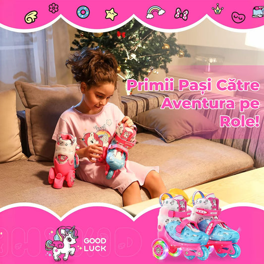 Role copii reglabile, 4 roți luminoase, stabilitate triunghi, model unicorn, mărime S, roz