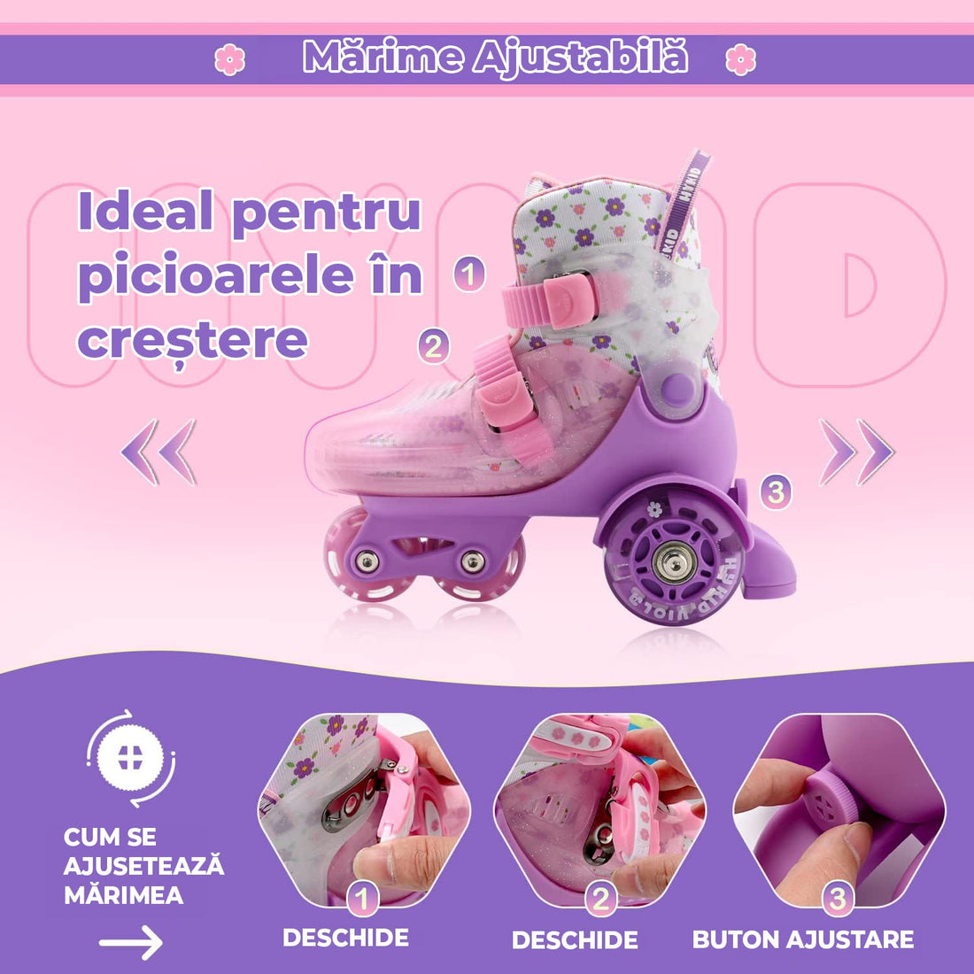 Role copii reglabile, 4 roți luminoase, stabilitate triunghi, model Viola, mărime S, roz