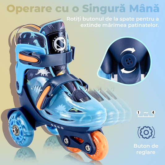 Role copii reglabile, 4 roți luminoase, stabilitate triunghi, model dinozaur, mărime XS, albastru