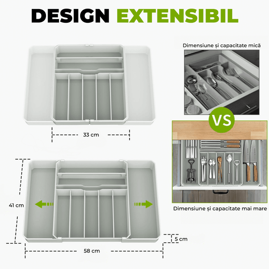 Organizator tacâmuri și ustensile, sertar extensibil, 33x41 cm, gri