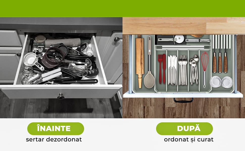 Organizator tacâmuri și ustensile, sertar extensibil, 33x41 cm, gri