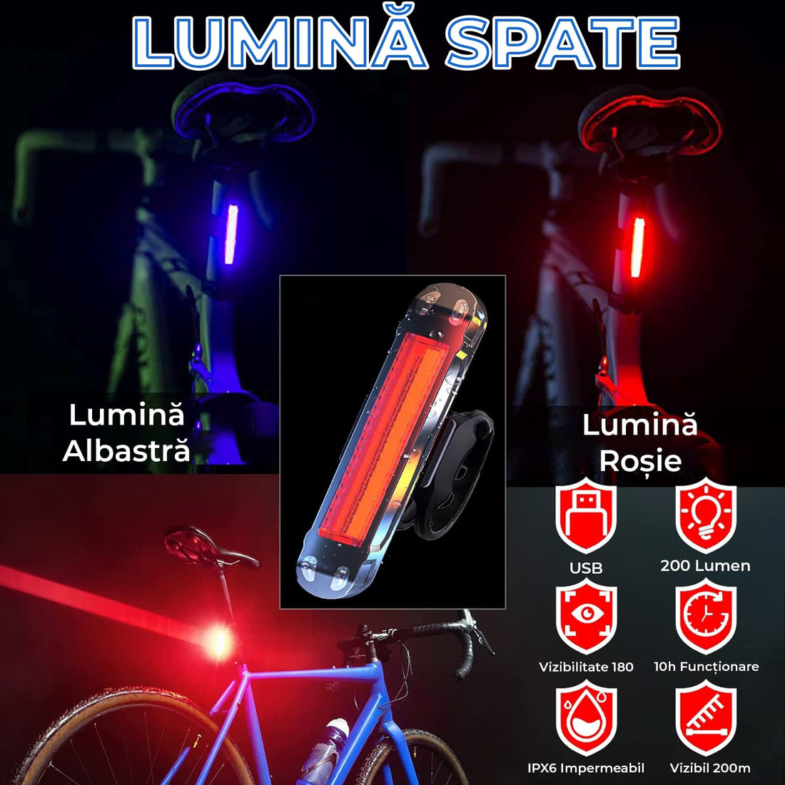 Set Lumini Bicicleta Fata / Spate cu 5 Moduri de Functionare, 1500 Lumeni, Reincarcabil USB-C, 5200 mAh, Functie Power Bank, Faza Lunga, Fază Scurtă, Lumină Spate Roșie / Albastra, Rezistent la Apa IPX6, Display LCD, Negru