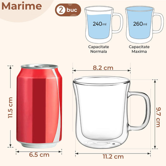 Set din 2 Cani cu Perete Dublu Pentru Ceai si Cafea, Termorezistenta, Potrivita Pentru Bauturi Calde sau Reci, Mentine Temperatura o Perioada Lunga, 220 ml, Transparenta