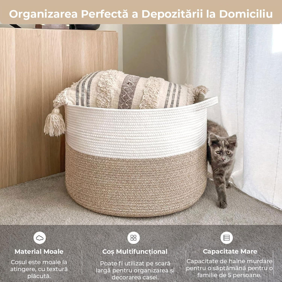 Cos de Rufe, Depozitare Haine, Jucarii, Obiecte, Spatiu pentru Animalele de Companie, Design Stilizat cu Mânere, Marime XXXL, 90 L, 55 x 35 cm, Culoare Alb, Maro Deschis