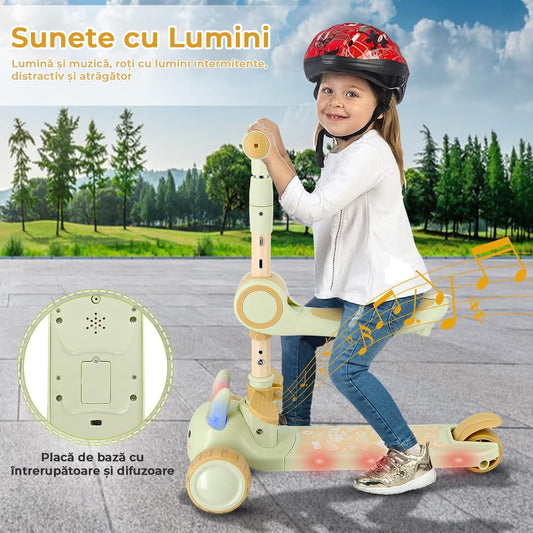 Trotineta copii cu sezut, transformabila 2 in 1, cu roti luminoase LED, 3-12 ani, pana la 100 kg, ghidon cu inclinare, suprafata antiderapanta, Verde
