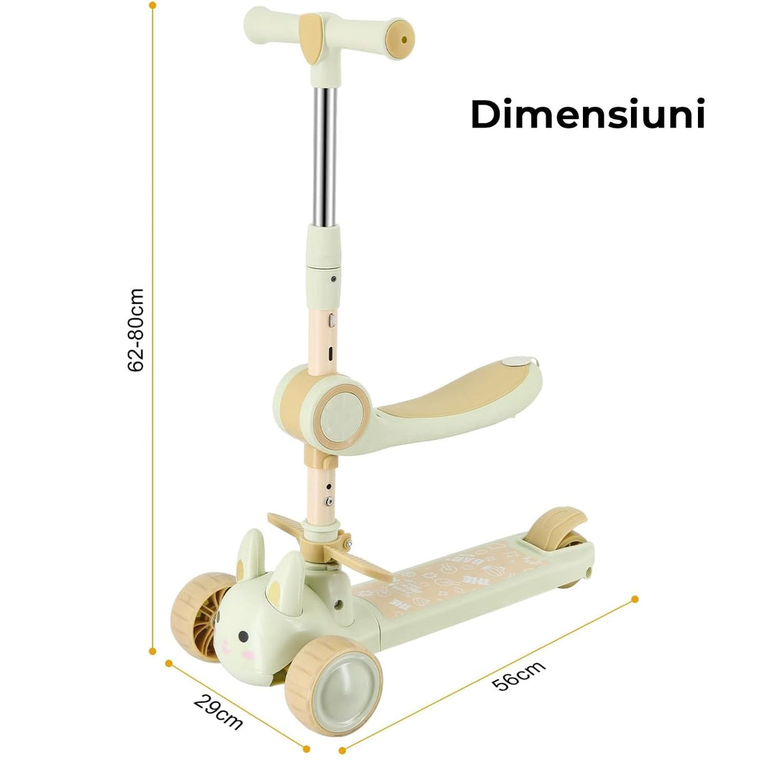 Trotineta copii cu sezut, transformabila 2 in 1, cu roti luminoase LED, 3-12 ani, pana la 100 kg, ghidon cu inclinare, suprafata antiderapanta, Verde