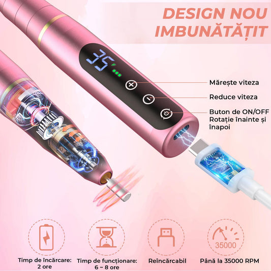 Freza Unghii Profesională, Pila Electrică pentru Manichiură-Pedichiură, 35.000 RPM, 11 Capete, 6 Benzi Abrasive, Viteză și Direcție Reglabilă, Design Ergonomic, Roz