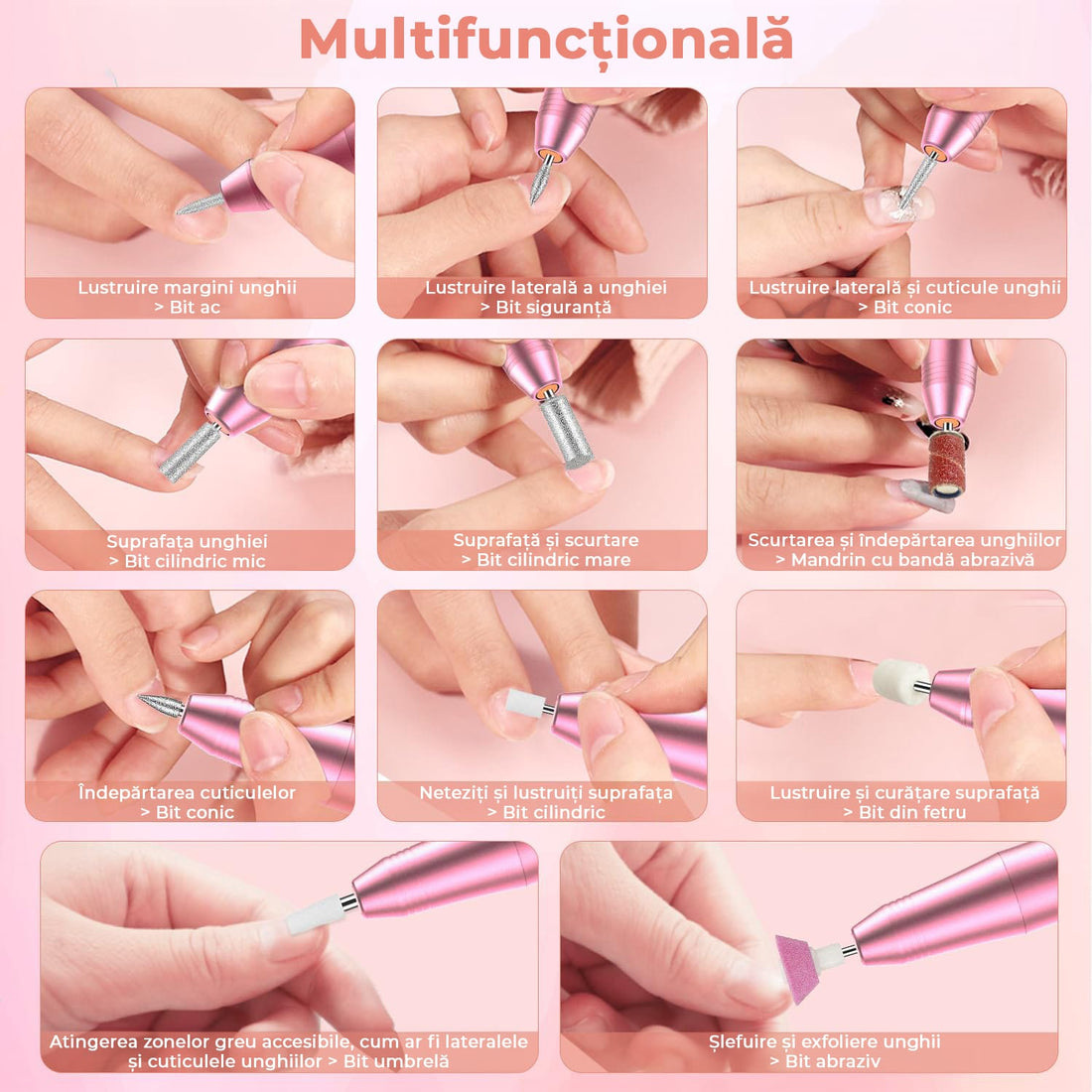 Freza Unghii Profesională, Pila Electrică pentru Manichiură-Pedichiură, 35.000 RPM, 11 Capete, 6 Benzi Abrasive, Viteză și Direcție Reglabilă, Design Ergonomic, Roz