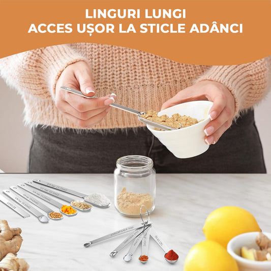 Set Complet 20 Ustensile de Măsură pentru Bucătărie, 7 Linguri, 1 Nivelator, 7 Cupe, 5 Lingurițe Mini, din Oțel Inoxidabil, Argintiu
