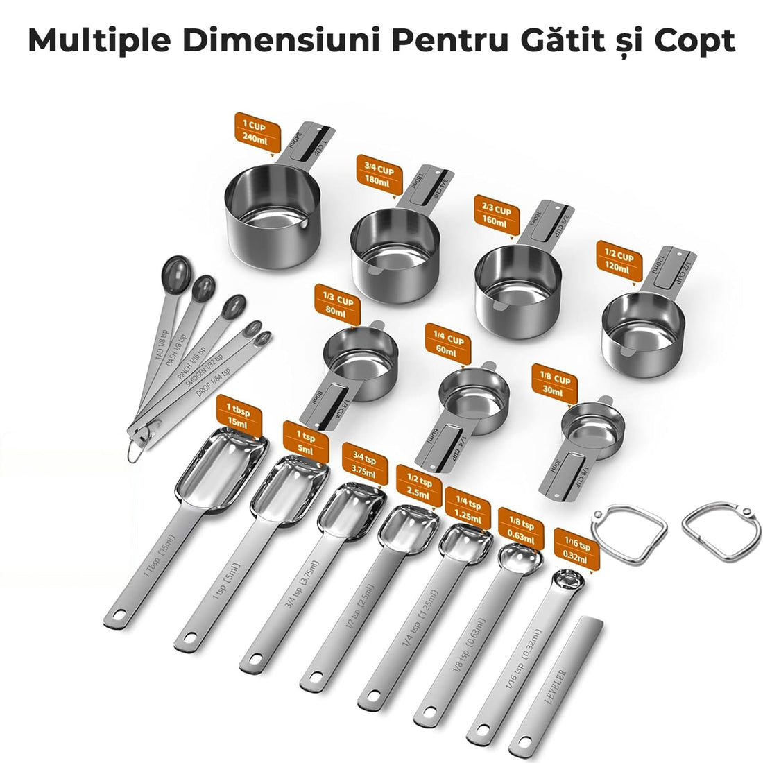 Set Complet 20 Ustensile de Măsură pentru Bucătărie, 7 Linguri, 1 Nivelator, 7 Cupe, 5 Lingurițe Mini, din Oțel Inoxidabil, Argintiu