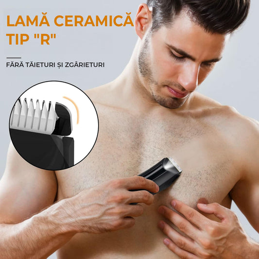 Mașină de Tuns/Ras pentru Barbă și Corp, Rezistentă la Apă, Lamă Ceramica, LED, Ecran LCD, Wireless, cu Stație de Încărcare USB, 4 Capete, Negru