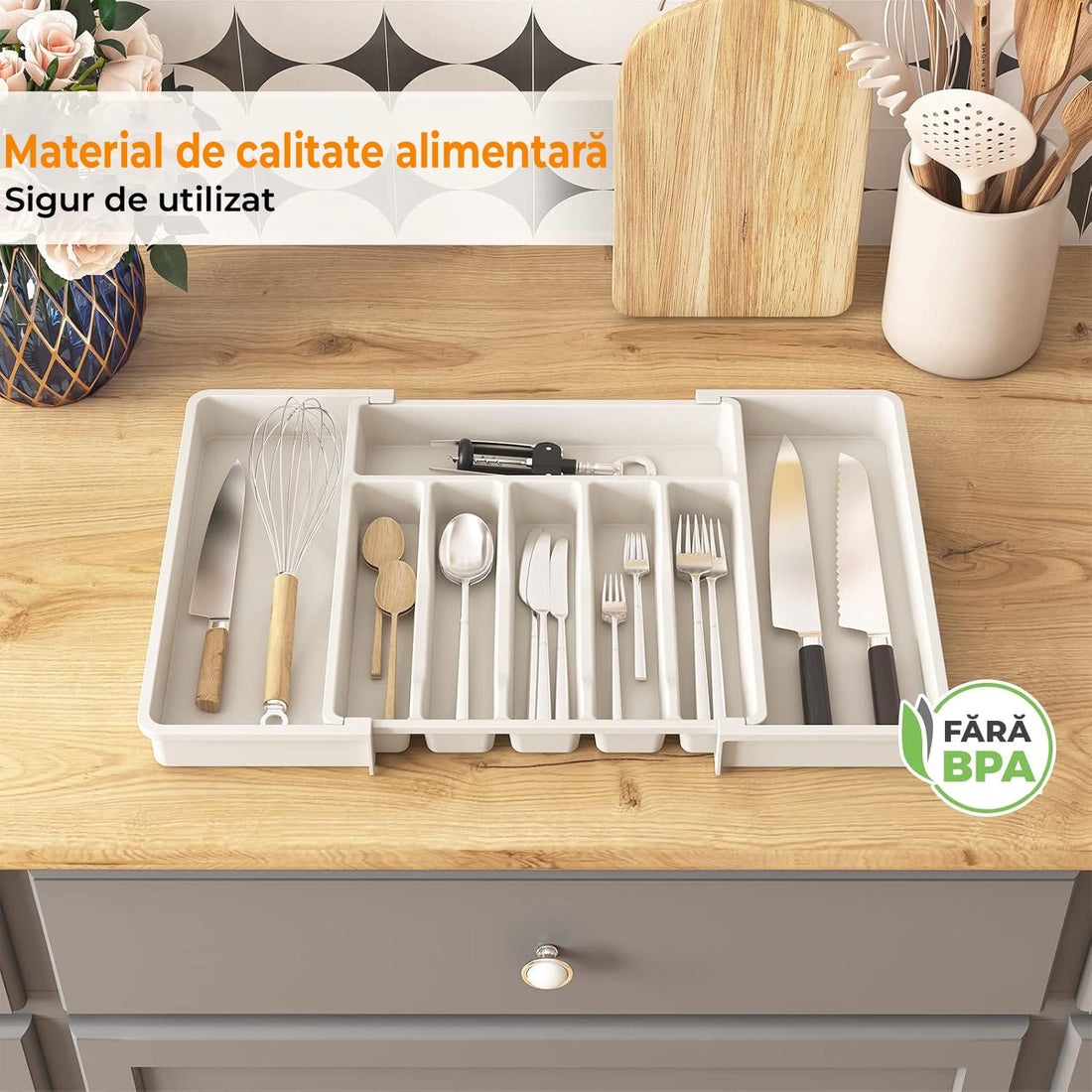 Organizator pentru Tacamuri și Ustensile de Bucătărie, 8 Compartimente, Sertar Extensibil 33-57 cm, Suport Ajustabil pentru Cuțite, Alb