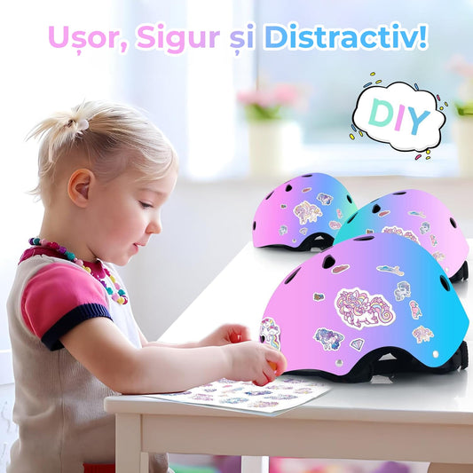 Set Protecție pentru Copii 7 în 1, Cască Reglabilă, Genunchiere, Cotiere și Apărători Încheieturi, Multicolor, 3-14 Ani, XS, Roz Gradient