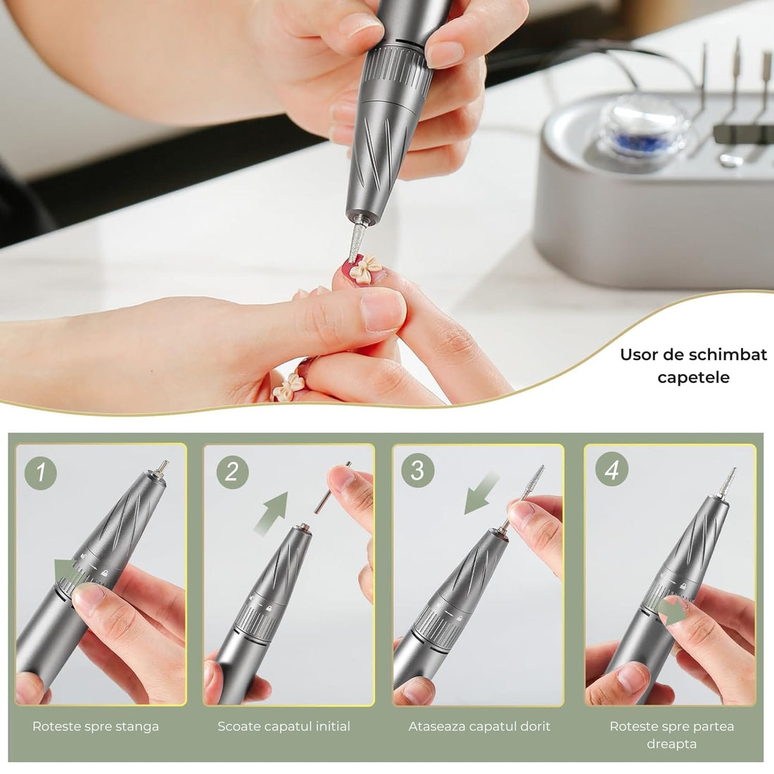 Freza Electrică Avansată Elindor pentru Unghii, 40000 RPM, 7 Capete Incluse, Ecran LCD, Gri