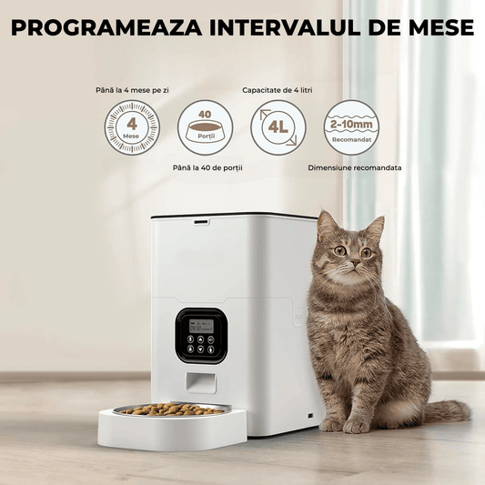 Hranitor automat pentru câini și pisici, 4L, control porții și intervale, alb