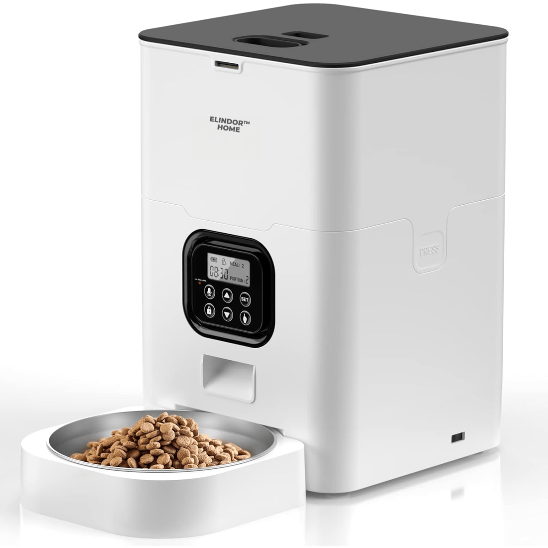 Hranitor Automat Animale Elindor® Dozator Mancare Caini si Pisici, Adapator Capacitate 4L, 1x Castron Inox, Sunet Hranire, Dispenser Programabil, Alimentare Dubla, Adaptor Priza, Baterii, Ecran LCD, Alb