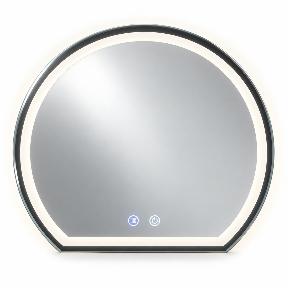 Oglinda de Perete Elindor® Antiaburire, Semiluna, Montare pe Orizontala, cu Rama, Ideala pentru Baie, Iluminare Led, Buton ON/OFF Luminat si Noaptea, Rezistenta la Umiditate IP44, 60 x 52 cm