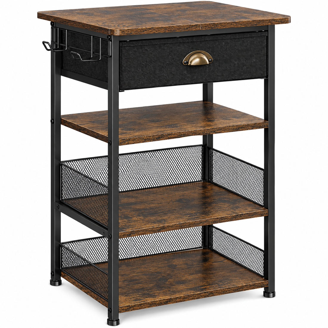 Masuta Laterala Elindor® cu 3 Rafturi pentru Depozitare si Sertar, Organizare Birou, Bar, Dulap Cadru Metalic, Organizator Ideal ca Etajera, Perfect pentru Carti, Proiector, Stabil si Compact, Polita pentru Obiecte, 48 x 71 cm, Maro Rustic-Negru