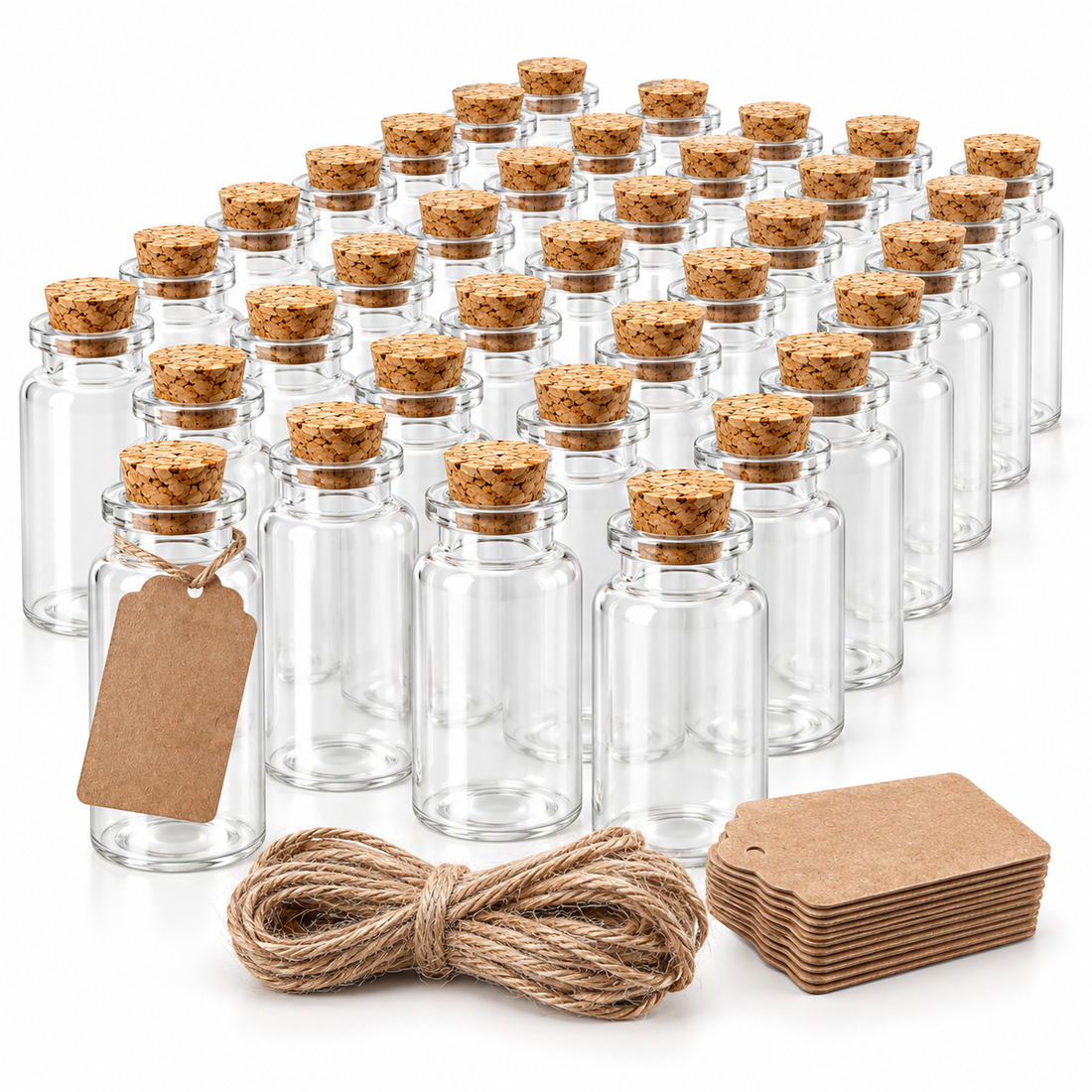 Set 32 Sticlute Elindor® cu Dop de Pluta, 40 ml, Reutilizabile, Ideale pentru DIY, pentru Artizanat / Decoratiuni, 8 x 3 cm, Transparent / Bej