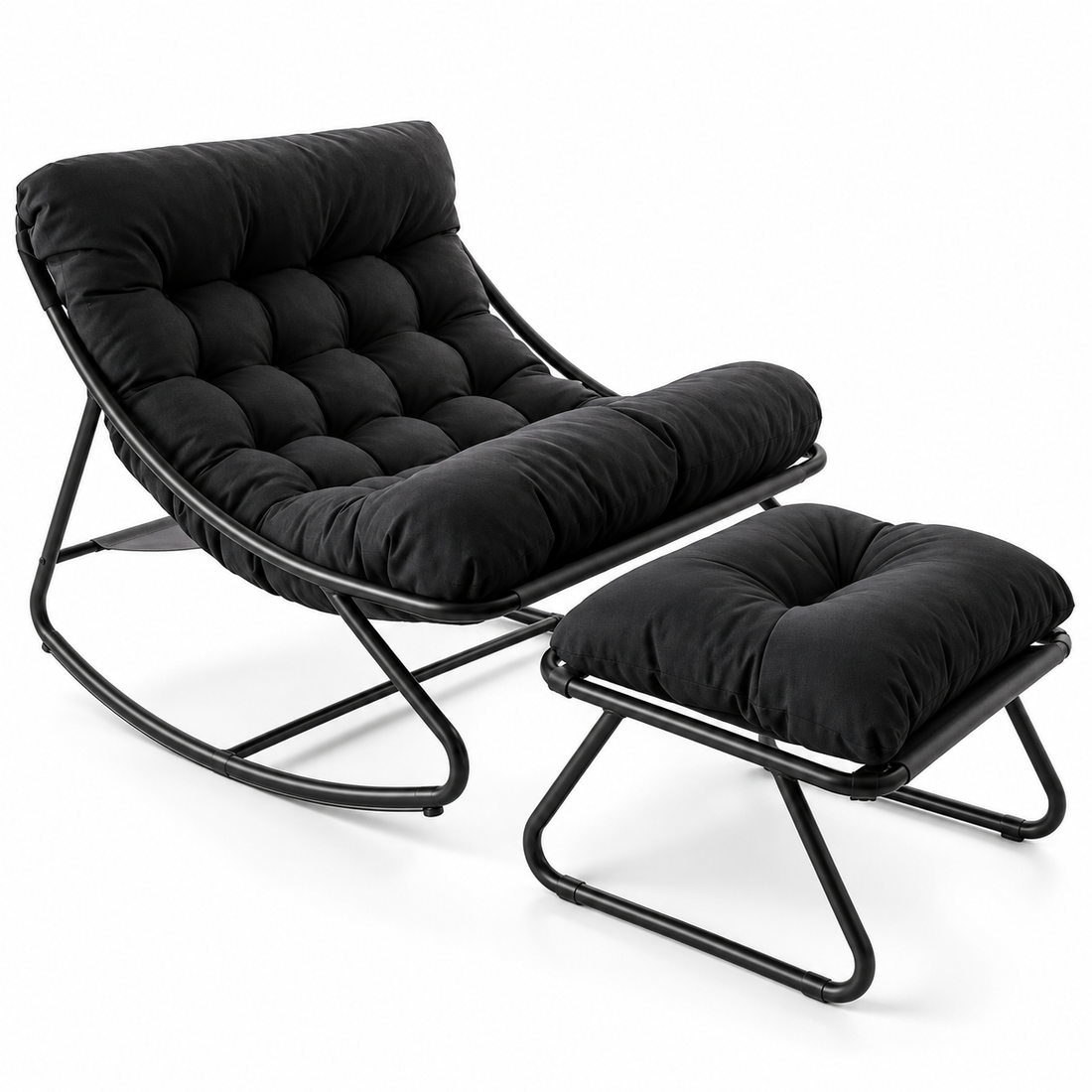 Set Fotoliu Balansoar cu Taburet Elindor®, Scaun Relaxare cu Suport pentru Picioare, Perne Groase Capitonate, Cadru Metalic din Otel, Leganare Lina, Benzi Antiderapante, pentru Living, Balcon si Terasa, Negru