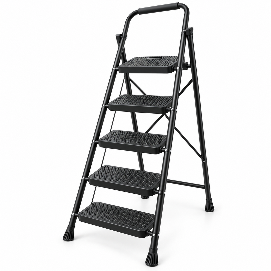 Scara Pliabila Metalica Elindor® cu 5 Trepte, Portabila, cu Pedale Late Antiderapante, Maner de Sprijin, Sistem de Blocare, Picioare Antialunecare, pentru Interior, Uz Casnic, Capacitate 150 kg, 145 x 95.5 cm, Negru