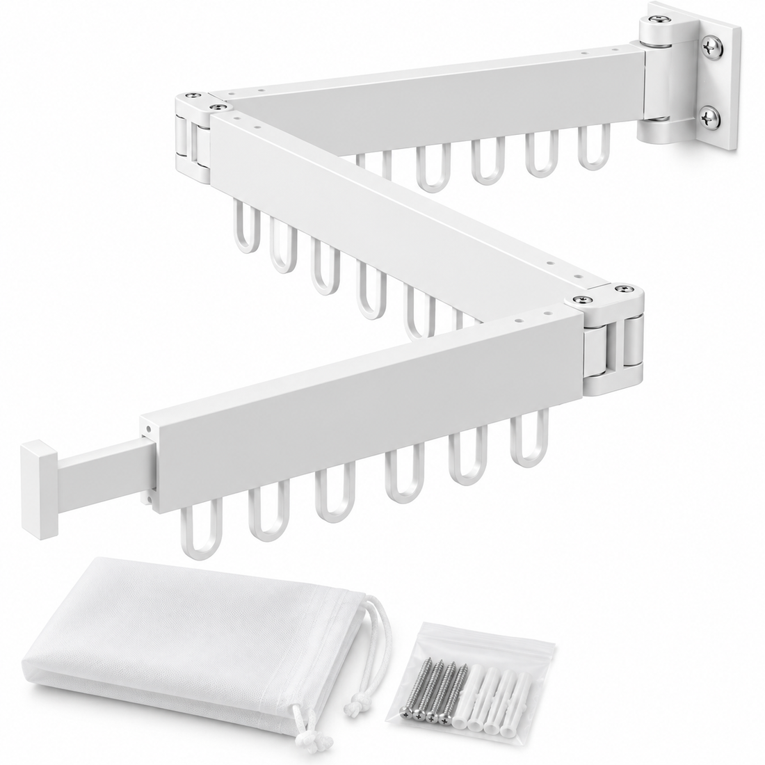 Uscator Rufe Pliabil de Perete Elindor® din Aluminiu, Extensibil pana la 120 cm, 3 Brate Articulate, Bucle pentru Umerase, Capacitate Maxima 68 kg, Montaj pe Perete, pentru Balcon, Baie si Spalatorie, Alb