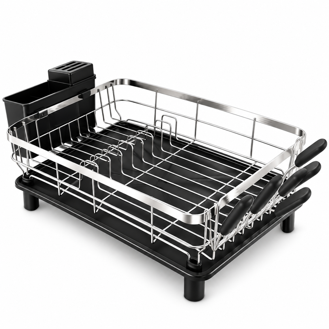 Scurgator de Vase Elindor®, Suport Farfurii Chiuveta, Uscator Vesela, Tacamuri, Capace, Oale, Tigai, Pahare, Tocator, Tava din Plastic cu Scurgere Automata, Organizator Bucatarie Multifunctional, Otel, 43 x 33 x 17 cm, Negru / Argintiu
