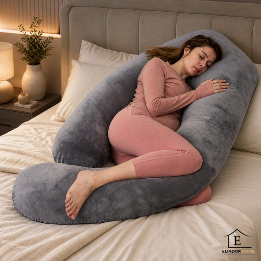 Perna pentru Gravide si Alaptare Elindor®, Multifunctionala, Forma de U, Suport Ergonomic pentru Burta, Spate, Gat, Cap si Picioare, Husa Detasabila din Bumbac Satinat, Lavabila, Confortabila pentru Dormit pe Lateral, 3 kg, 175 x 90 cm, Gri