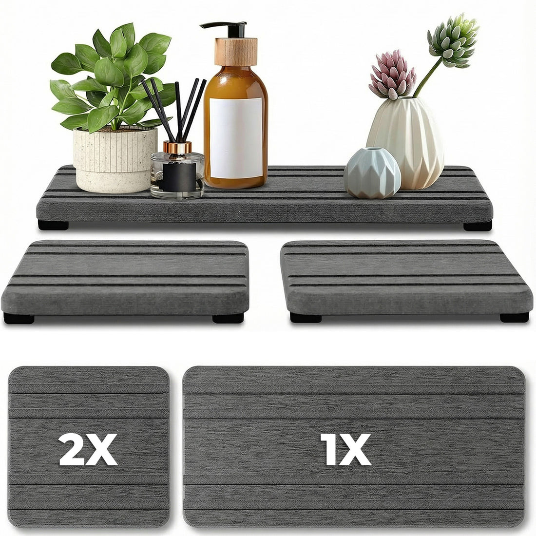 Set Tavi Absorbante Elindor® din Piatra, Diatomit, Uscare Rapida, Anti-Alunecare, pentru Chiuveta si Blat, Design Striat, 3 Piese, 21 x 10 cm si 10 x 10 cm, Gri Inchis