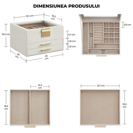 Cutie de Bijuterii Elindor® Organizator pe 3 Niveluri, Sertar x2, Spatiu de Depozitare pentru Inel, Verighete, Lantisoare, Bratari, Cercei, Caseta din Material Catifelat, Design Rafinat, Simplu si Elegant, Piele Ecologica si Catifea, 20 x 23 x 13.5 cm, Al