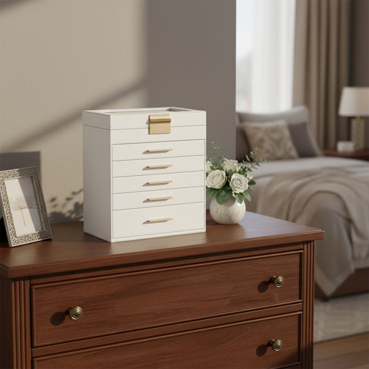 Cutie de Bijuterii Elindor® Organizator pe 6 Niveluri, Sertar x5, Spatiu de Depozitare pentru Inel, Verighete, Lantisoare, Bratari, Cercei, Caseta din Material Catifelat, Design Rafinat, Simplu si Elegant, Piele Ecologica Alba, 16.3 x 25 x 29 cm