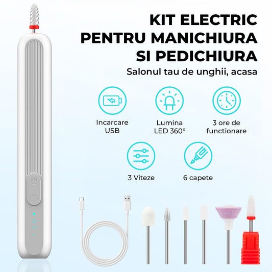 Kit Freza de Unghii fara Fir Elindor®, 6 Capete, 15000 RPM, Lumina LED 360, Portabila, Alb