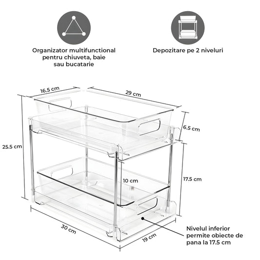 Organizator Transparente Elindor® cu 2 Nivele, Recipient de Depozitare Multifunctional si Glisant, Organizator pentru Dulapul de sub Chiuveta din Baie si Bucatarie, 30 × 19 × 25.5 cm, Acrilic