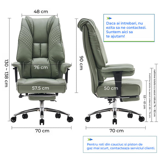 Scaun de Birou Elindor® Ergonomic, Design Contemporan, Scaun cu Spatar si Manere, din Piele PU cu Suport pentru Picioare si Roti, Latime Sezut 58 cm, Inaltime intre 48-56 cm, Verde