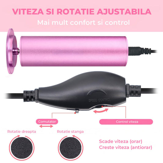 Pila Rotativa Elindor® pentru Calcaie si Talpi, 600 RPM, Comutator de Viteza, 60 Discuri Smirghel, Piele Crapata si Bataturi, Mov