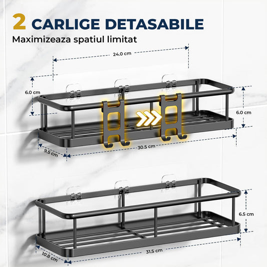 Set 2 Rafturi de Dus Elindor® Polita cu Adeziv, Etajera de Baie, Raft cu Carlige, din Metal, Suport Prosop si Sapun, Organizator Baie sau Etajere Depozitare in Bucatarie, Accesorii, 31.5 x 11 x 6.5 cm, Negru
