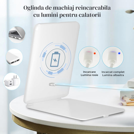 Oglinda Cosmetica Elindor® cu 72 LED-uri, Reglaj Tactil si Iluminare in 3 Culori pentru Machiaj, Incarcare USB, Alb