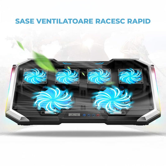 Cooler Laptop Gaming RGB Elindor® Suport cu Unghi Reglabil 7.5-17.5 cm, Dimensiuni Compatabile 15.6-17.3 Inch, 6 Ventilatoare Puternice si Silentioase 20dB cu 6x Viteza Ajustabila, 2 Porturi USB, pentru Birou, Calatorii, 41 x 27 x 3.4 cm, Negru